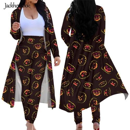 Jackherelook Womens 2 Piece Sexy Outfits Halloween Pumpkin Pattern Long Sleeved Open Front Cardigan Skinny Leggings Sports Suit