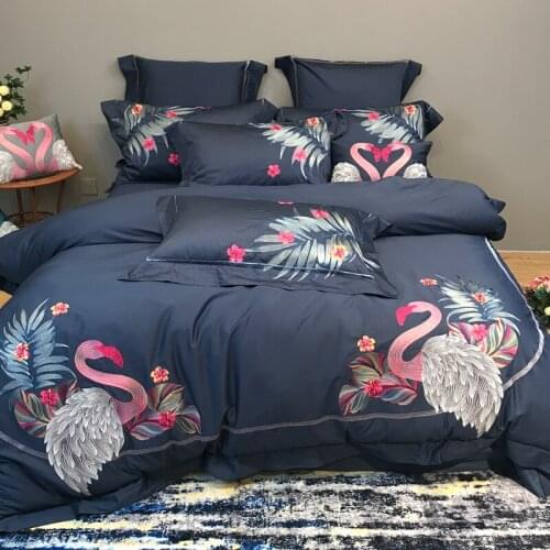 Luxury Blue Swan 100S Egyptian cotton Embroidery Bedding sets Queen King Royal Duvet cover Bed sheet set Pillowcases 4/6pcs