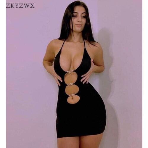 ZKYZWX Sexy Black Mini Birthday Dresses Women Nightclub Party Outfits Summer Metal Chain Cut Out Backless Halter Bodycon Dress