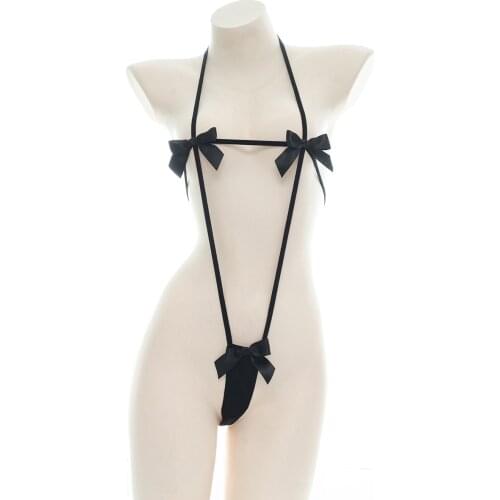 Sexy Womens Bowknot Bikini Suit Three Point Mini Jumpsuits Underwear Set Japanese Style Lace-UP One-Piece Pajamas Black