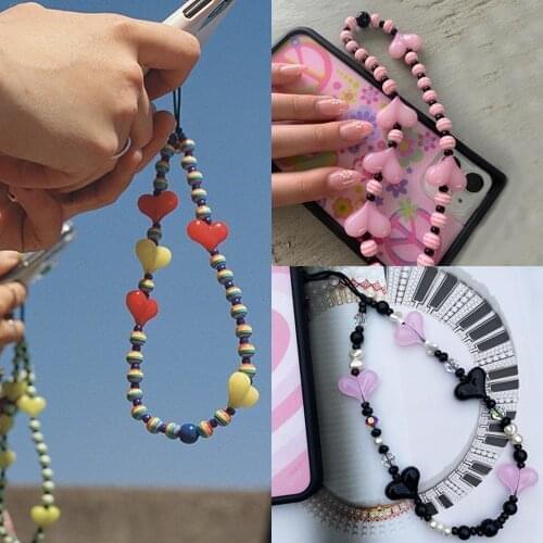 Shinus Chains For Cell Phone Case Mobile Phone Chain Telephone Jewelry Multicolor Heart Charm Strap Beaded Lanyard Hanging Cord