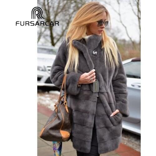 FURSARCAR Real Mink Fur Coat Women Winter 80 CM Long Natural Mink Fur Female Coat With Stand Collar Luxury Mink Fur Jacket