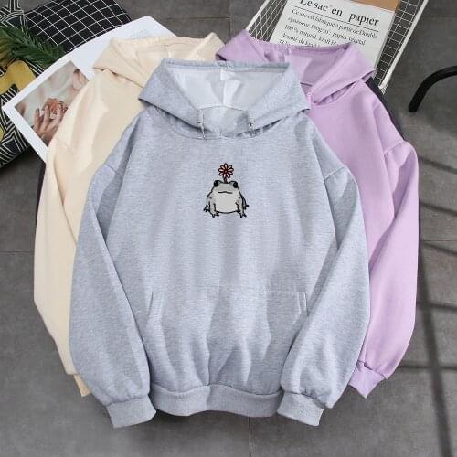 Floral Frog Print Top Sweatshirt Hoodie Jacket for Girls White Cotton Sweatshirts High Quality Graphic Hoodies Women Cotton