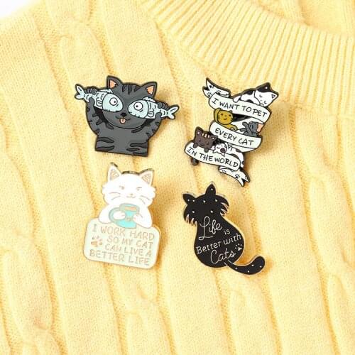 4 Pieces Of Cats Only Have Fish In Their Eyes, Cute And Funny Cat Combination Badges, Fashion Small Animal Brooch Accessories