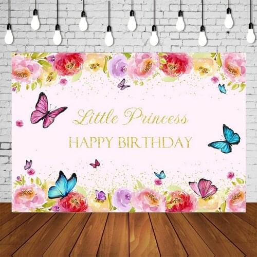 Girl Floral Butterflies Birthday Party Backdrops Baby Flower Princess Pink Banner Studio Photo Background Celebrating Decoration