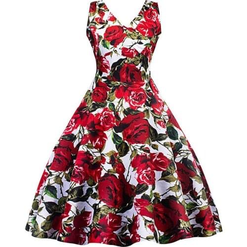 Red Rose Flower Print Vintage Dresses 1950s Sleeveless Sexy V Neck Party Swing Cotton Dress Summer Casual Retro Rockabilly Dress