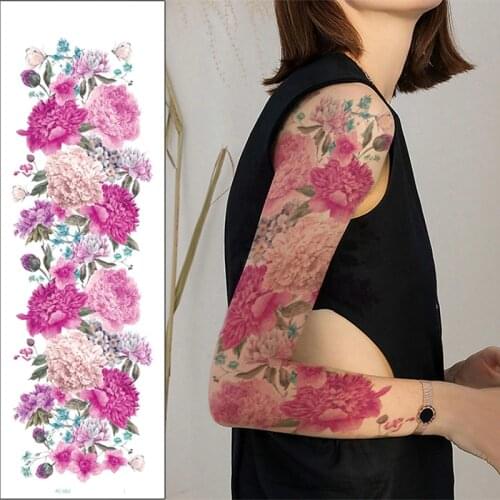 Big Arm Temporary Tattoo Sticker Colorful Peony rose flowers Fake Tattoo Sleeves Flash Tatto Waterproof Body/leg Art paint Women