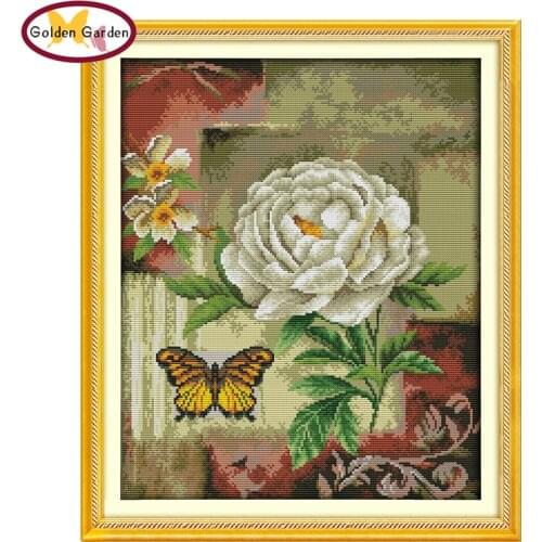 GG Butterfly Over Flowers Cross Stitching DIY Kit Needlework Cross Stitch Kits Embroidery Paintings Cross stitch for Home Decor
