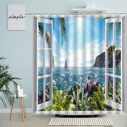 Natural Landscape Shower Curtain Ocean Waterfall Scenery Green Plants Flower Window View Bathroom Waterproof Curtains Home Decor