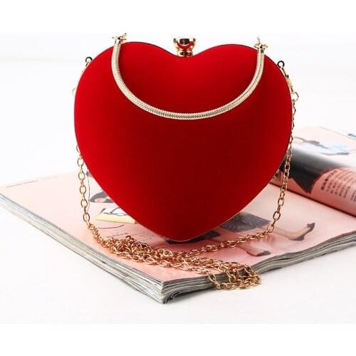 Women Bag Red Velvet Handmade Heart Evening Bags Retro Packet Bag Bridal Bag Gold Color Chain Shoulder Bag Female Handbag Clutch