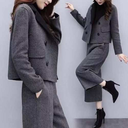 2021 Autumn Winter High Waist Wide Leg Pants Suits Women 2 Piece Set Wool Tweed Vintage Elegant Blazer Jacket + Trousers Outfits