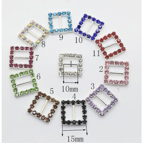 10pcs 15mm Square Rhinestone Buckles Diamond Buttons Invitation Ribbon Slider For Wedding Decoration Supply Mixed Color