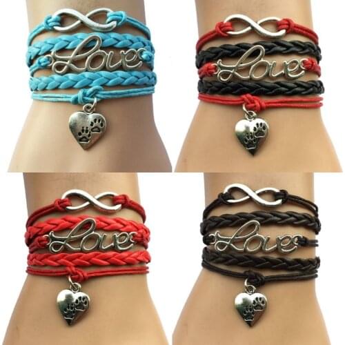 10pcs Infinity/Love Paw Print Heart Charm Leather Wrapped Handmade Retro Animal Puppy Jewelry Friend Gift 9 Colors