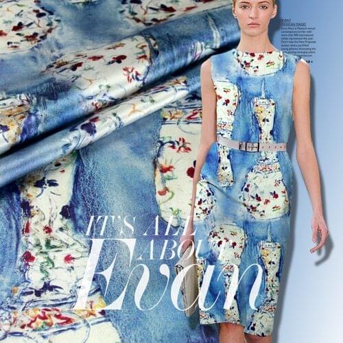 120cm wide 94% silk 6% spandex 19mm elastic mulberry silk blue and white porcelain digital print clothes dress fabric material