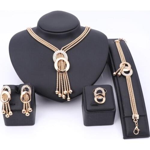 African Jewelry Sets Women Wedding Gold Color Crystal Tassel Necklace Fashion Bridal Ring Bracelet Earrings Accessories
