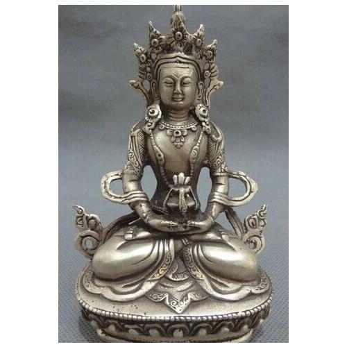 Free shipping 6" Tibet Silver Buddhism Amitayus Longevity God Goddess Buddha GuanYin Statue