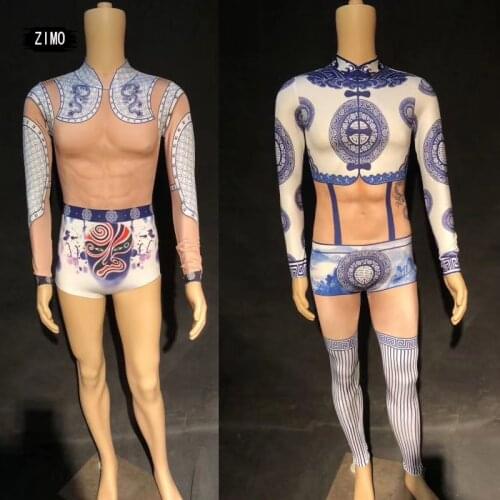 Bodysuit Party Nightclub jumpsuit Sexy False Perspective Muscle Body Suit DS Chinese Style Men Performance Costume Jazz Dancewe