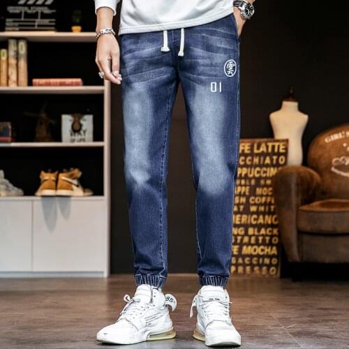 New Spring And Autumn Jeans Mens Elastic Slim Korean Trend Loose Casual Pants Versatile Blue Wash Trousers Boys Students