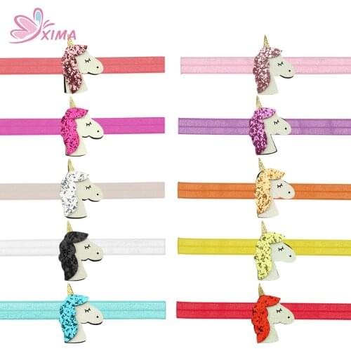 XIMA 10pcs/lot Glitter Unicorn Headband for Girls Cartoon Elastic Hair Band Kids Party Headband Hair Accessories