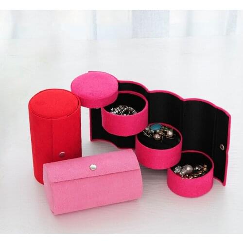 Cylinder Shaped Jewellery Storage Roll Case Velvet Travel Makeup Ring Ear Pendant Necklace Organizer Display Box Wholesale