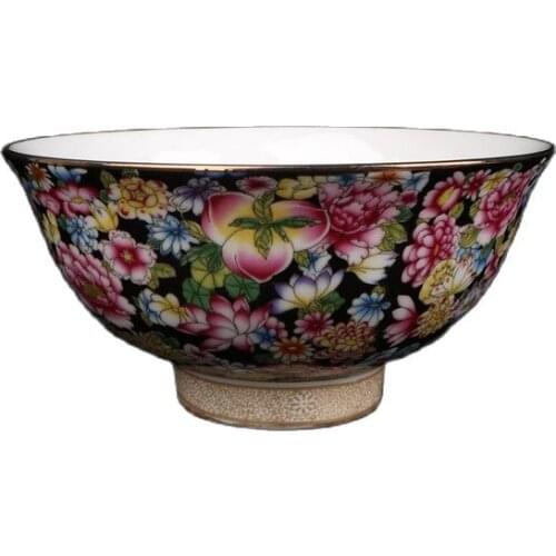 Chinese Old Porcelain Qianlong Style Black Ground Wanhua Reverse Mouth Bowl