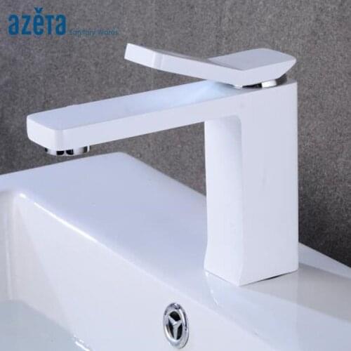 Bathroom Square Basin Faucet Cold and Hot Water White Single Hole Deck Mounted Basin Mixer Taps AT6686W