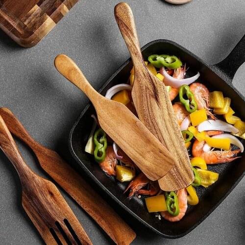 6-Piece Wooden Cooking Utensils Set Natural Teak Kitchen Spatula Slotted Spatula