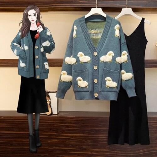 Autumn Winter Plus Size Cute Cartoon Print V Neck Knitted Cardigan +black Spaghetti Strap Dresses Two Piece Set Women New Coats