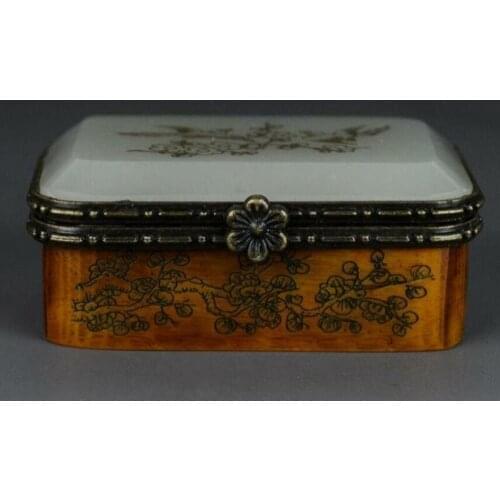 Old Chinese Bone Making Inlay Nephrite Jade Jewelry Box/Magpie&Plum flower