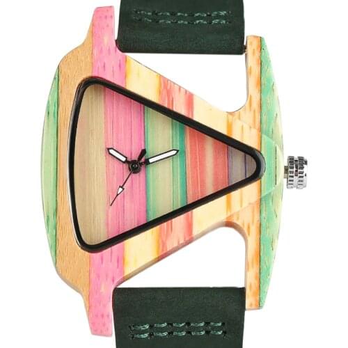 Creative Women Wood Watches Unique Colorful Wooden Triangle Hollow Quartz Wristwatch Ladies Elegant Fashion Genuine Leather Hour