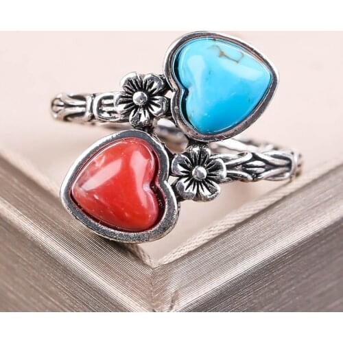 Vintage Silver Color Flower Ring Double Hearts Turquoises Rings for Women Personality Ladies Punk Birthday Party Jewelry Gift
