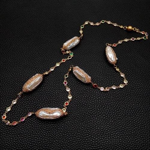 Y.YING 34" Cultured White Biwa Pearl Multi Color Cz Pave Rosary Chain Long Necklace