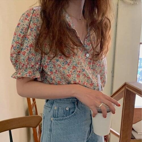 2021 New Gentle Summer Fresh Purple V-neck Puff Sleeve Floral Shirt Short Sleeve Top Women