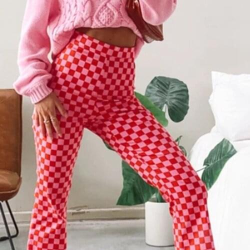 Ladies Flared Pants Leggings Classic High Waist Plaid Print Slim Fit Fall 2021 New Fashion Retro Casual Concise High Street