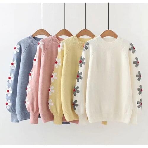Autumn Winter Arms Embroidered Sweater Women Long Sleeve Pink Knit Top Kazak Sueter Mujer Knitting Female Pullovers U253