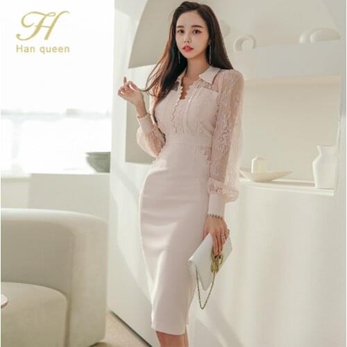 H Han Queen Spring Lace Stitching Pencil Sheath Bodycon Dress Lady Office Vestidos Evening Party Sexy Elegant OL Simple Dresses