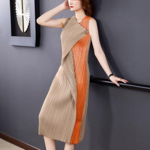 High Quality Contrast Dress Women Pleated Summer Maxi Dress Large Size Elegant Noble Chic Design Comfortable Stitching Harajuku