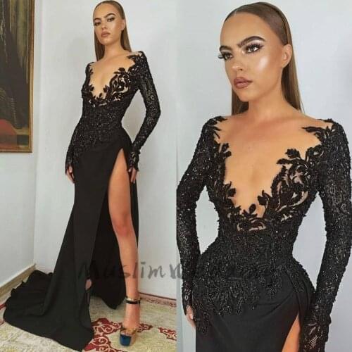 Chic Long Sleeve Black Prom Dress 2020 Illusion Front Beaded Slim Prom Gown With High Slit Sexy Formal Night Dance Evening Dress