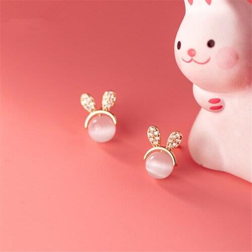 100% 925 Sterling Silver Cute Diamond Rabbit Stud Earrings For Women Synthetic Opal Tiny Earring Gift For School Girls Kids Lady