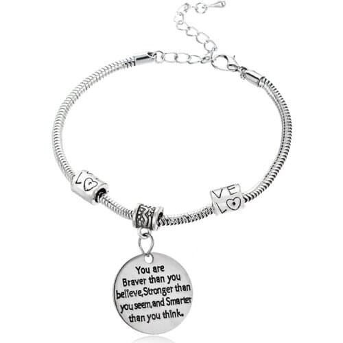 12 Pc/Lot You Are Braver Stronger Smarter Than You Think Charm Inspirational Bracelet Gift Love Beads Friends Bangle Jewelry