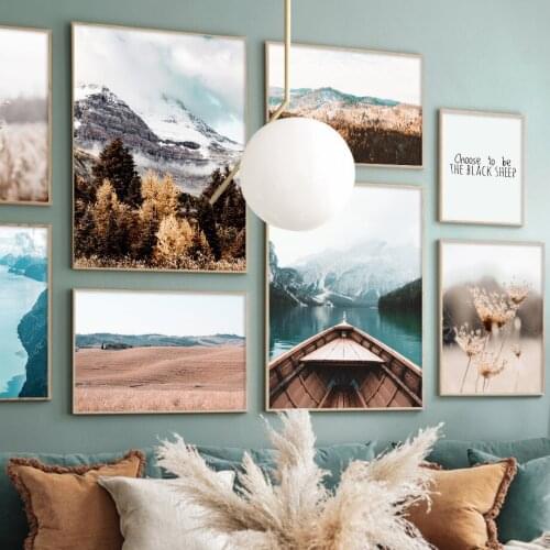 Alps Snow Mountain Boat Lake Wheat Field Autumn Art Canvas Painting Nordic Posters And Prints Wall Picture For Living Room Decor