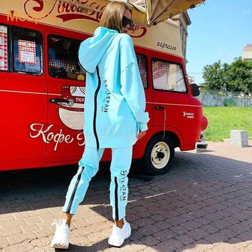 Free shipping casual loose letter sports suit zipper long sleeved hooded collar sweater and pants 2 piece Set women 2021 new
