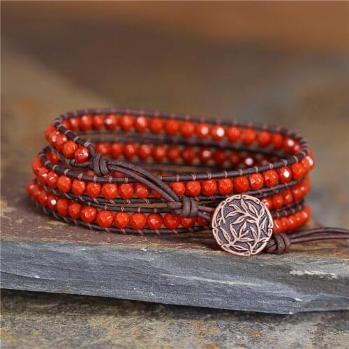 Bracelets for women 4MM Red Natural Stone 3 Strands Wrap Bracelets Multilayer Boho Leather Bracelet Handmade Jewelry Dropship