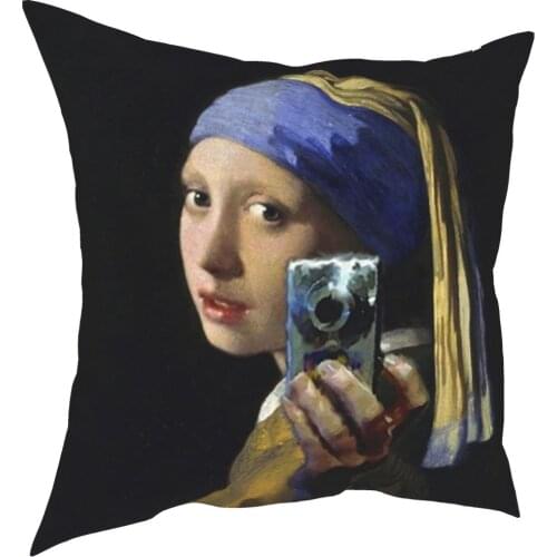 Girl With A Pearl Earring Taking A Selfie Pillowcase Soft Polyester Cushion Cover Gift Throw Pillow Case Cover Bed 40*40cm