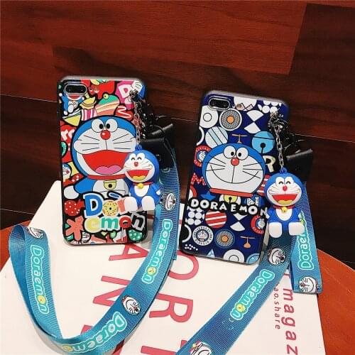 For iPhone 11 Pro Xs Max Xs XR 6 7 8Plus Case Doraemon TPU Case Stand Holder Soft Phone Strap Rope Case