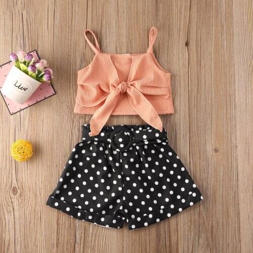 Children Summer Clothing Infant Kids 1-6T Baby Girls Fashion Clothes Bow Vest Crops Tops Polka Dot Shorts With Belt Sunsuit