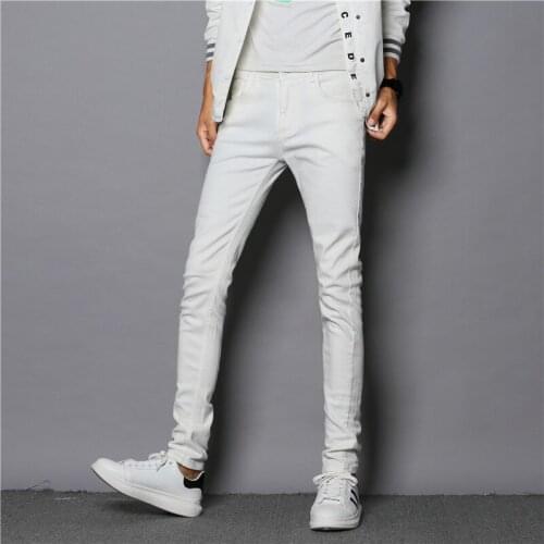 2019 New men hip hop Streetwear skinny white jeans Fashion Men Slim Elastic Solid color Classic Style Casual denim trousers
