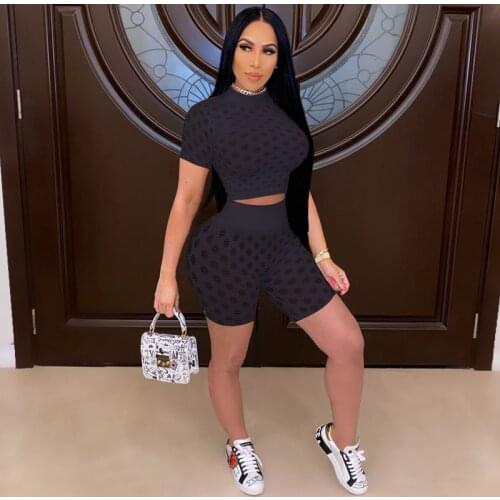 TNNAOFF Hollow Out Two Piece Tracksuits Women Set Short Sleeve T Shirt Top Sexy Biker Shorts Summer Vacation Club Matching Set