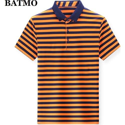 BATMO 2021 new arrival summer high quality silk polo-shirt mem,male Striped polos 3377