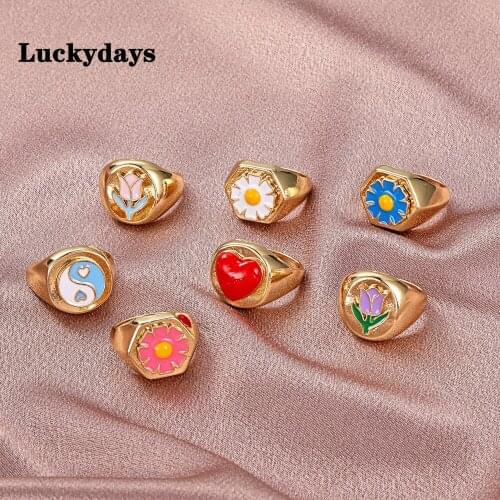 Luckydays Special Drip Gum Flower Ring For Women Romantic Heart Shape Wedding Party Gift Finger Jewelry Accessories